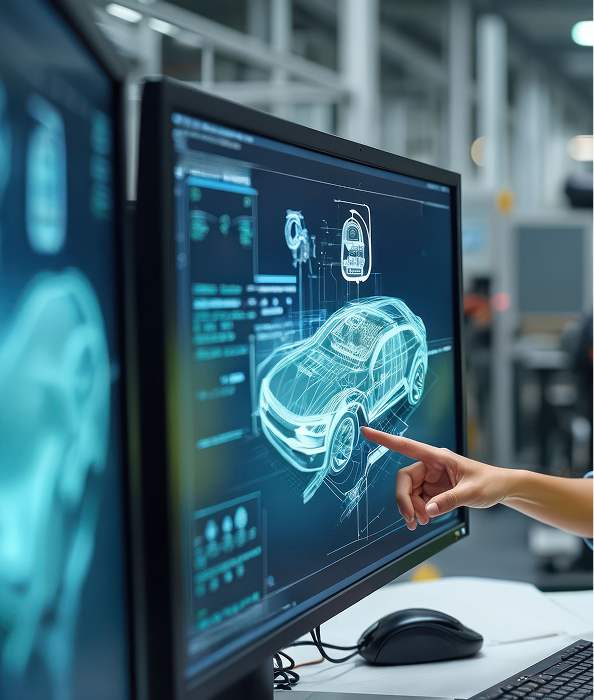A hand pointing at a 3D wireframe model of a car on a computer screen.