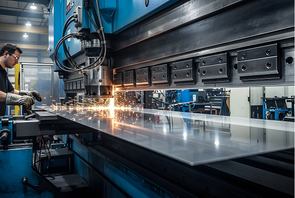A worker operating a large industrial machine processing a sheet of metal.