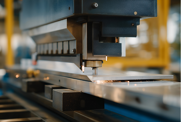 An industrial machine processing a flat sheet of metal.