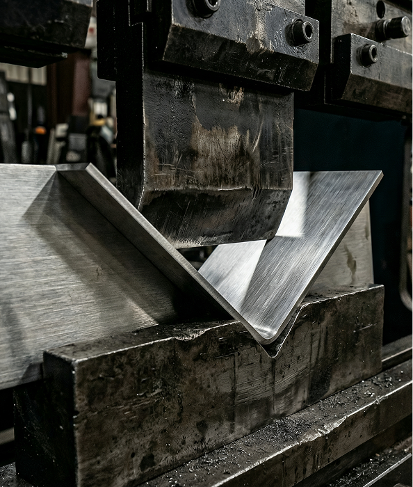 A press brake machine bending a piece of sheet metal.