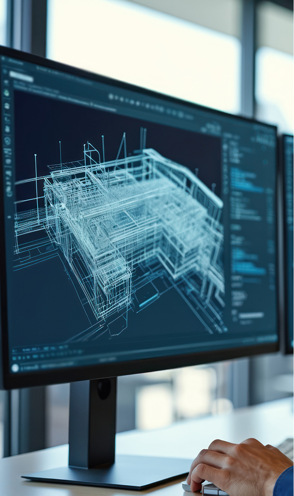 A computer monitor displaying a 3D architectural wireframe model.