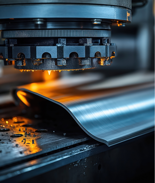 Close-up of an industrial machine processing a curved sheet of metal.